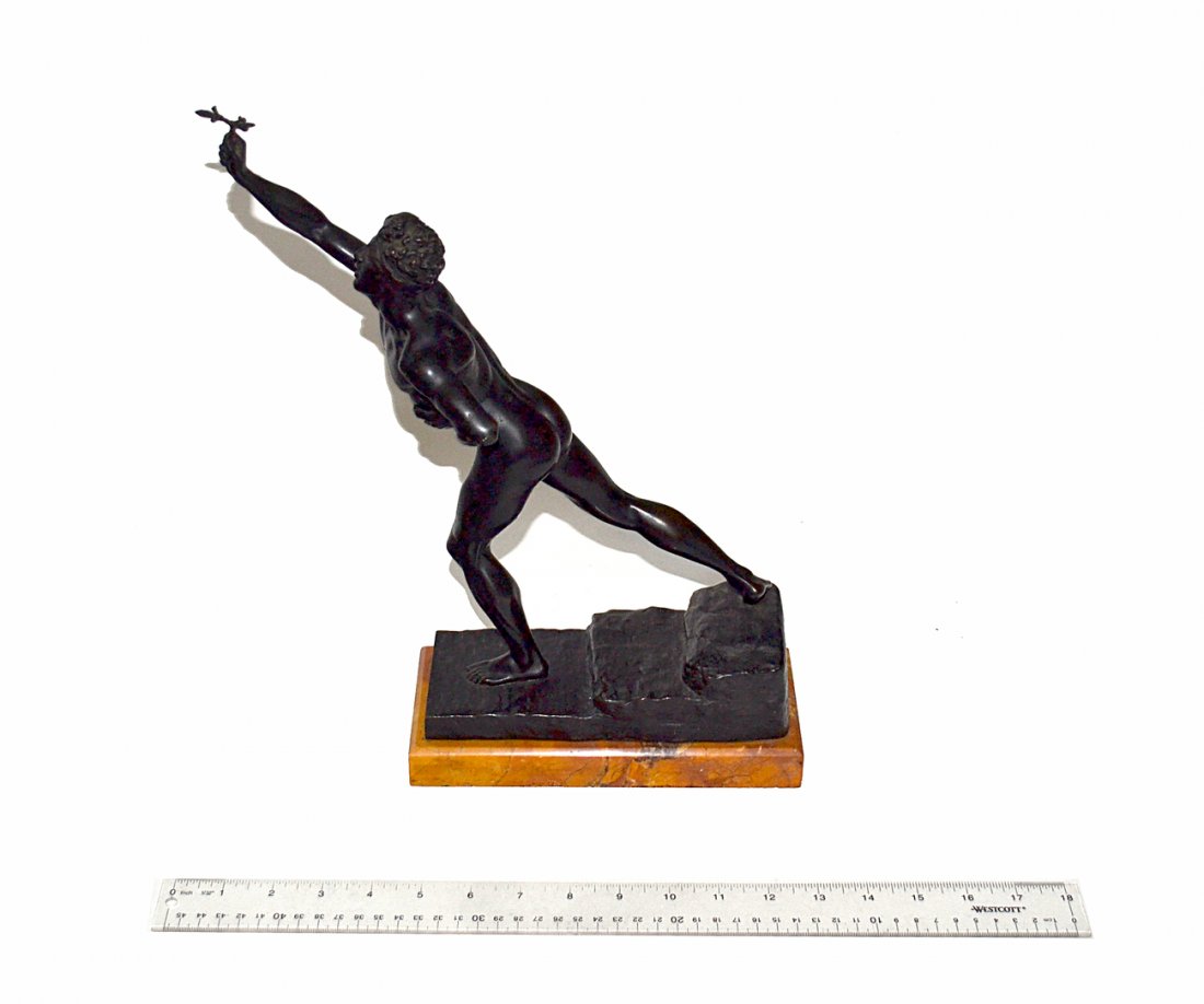 Max Kruse, Bronze - "Nenikhkamen": Depicts the nude figure of Pheidippides running, the base cast as a set of steps. Signed on base "Max Kruse" and inscribed "Aktien - Gesell Schaft V.H. Gladenbeck & Sohn." Mounted on amber and pink ma