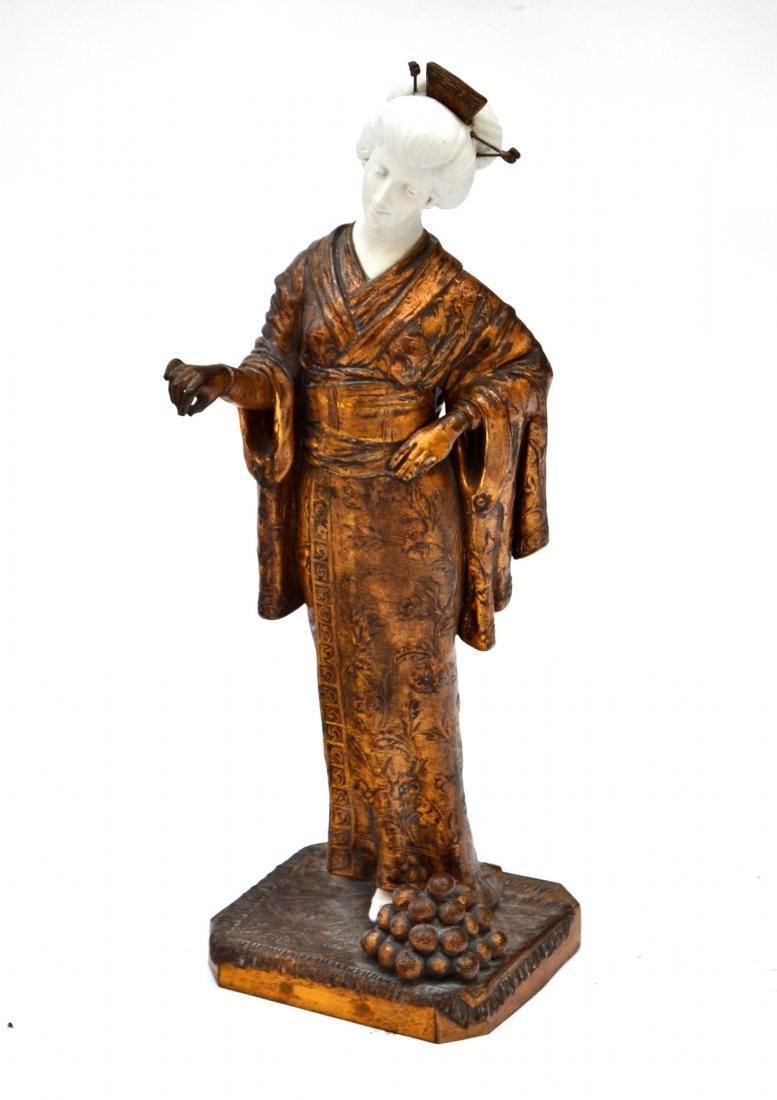Dominique Alonzo Bronze & Parian Ware - Jap. Figure: Standing full-length depiction of a western woman in traditional Japanese costume and ornate headdress. Figure's head and feet are composed of bisque fired parian ware. Signed on base "Alonzo" and sta