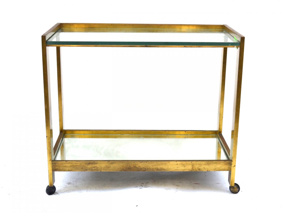Modern Bronze Cart: Two tier bronze cart on caster, with two shelves. [34" x 17" x 29 1/2" H].