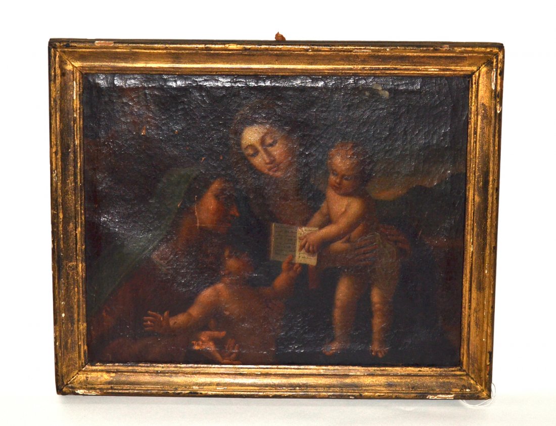 18/19th C. Spanish School Infant Christ & St. John: Composition with an infant Christ and Mary with a young Saint John the Baptist and his mother Elizabeth. Depicts the toddler John holding an open book of scripture to the young Christ. Art [13" x 16 1