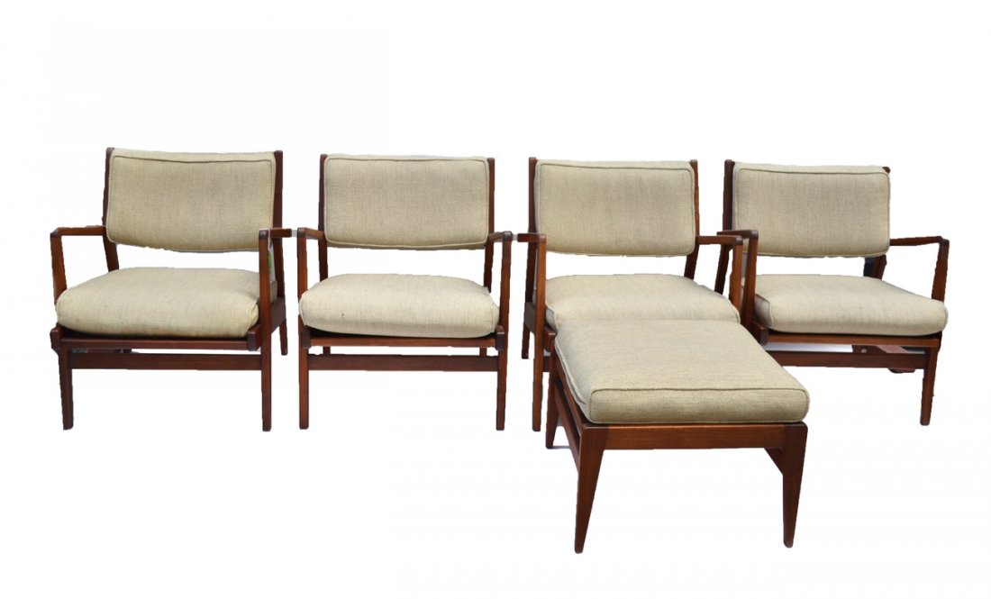 Jens Risom 4 Chairs/Ottoman: Four chairs and a matching ottoman by Jens Risom Design Inc. While there is some light wear and sagging, the upholstery is intact with no stains or tears. The frames are intact and tight with minor we