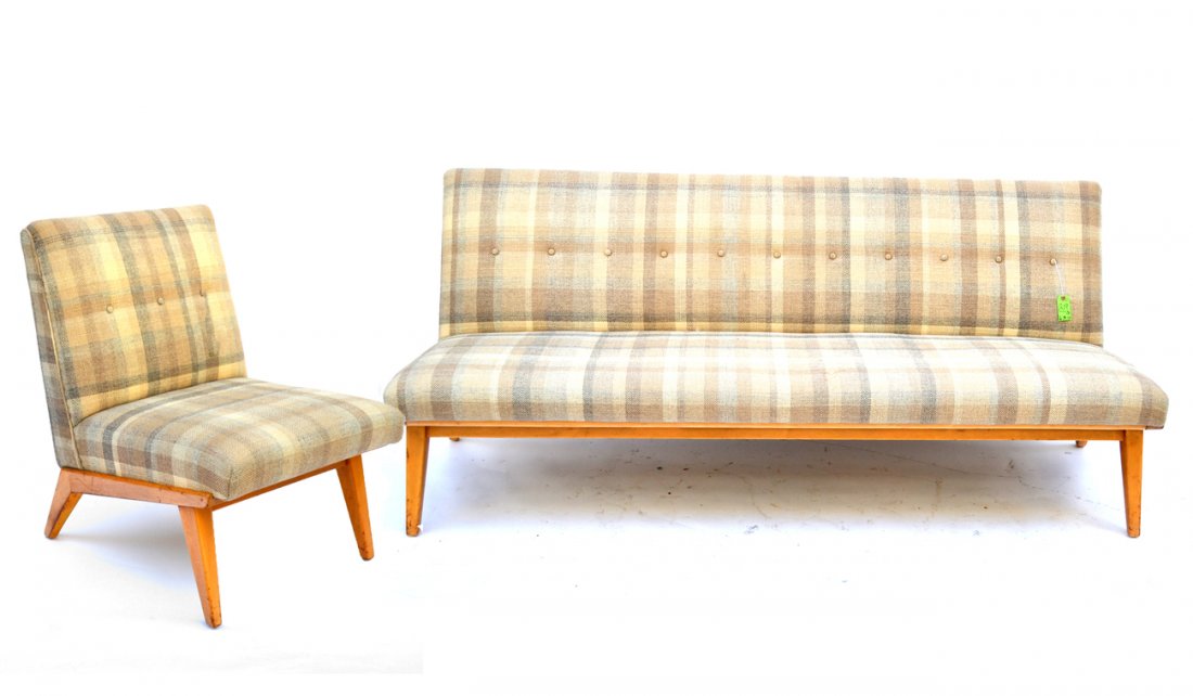 Knoll Assoc. Inc Sofa/Chair: A modern sofa, together with a matching chair by Knoll Associates, Inc. [72" L x 28" D x 30 1/2" H]