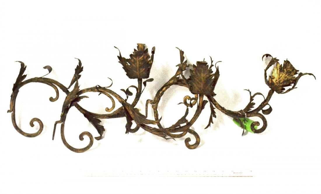 Three Renaissance Style Sconces: Tole and iron gilt washed vintage Italian sconces. [21"]