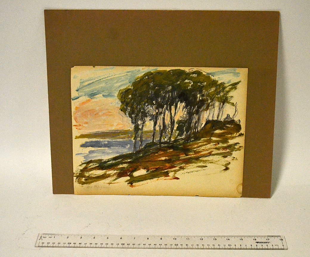 After Paul Signac (1863-1935) Watercolor: Unframed watercolor and pencil of an island scene with trees, signed and dated "P. Signac 1912" (lower left). 10.5" x 14". Some edges of paper torn.