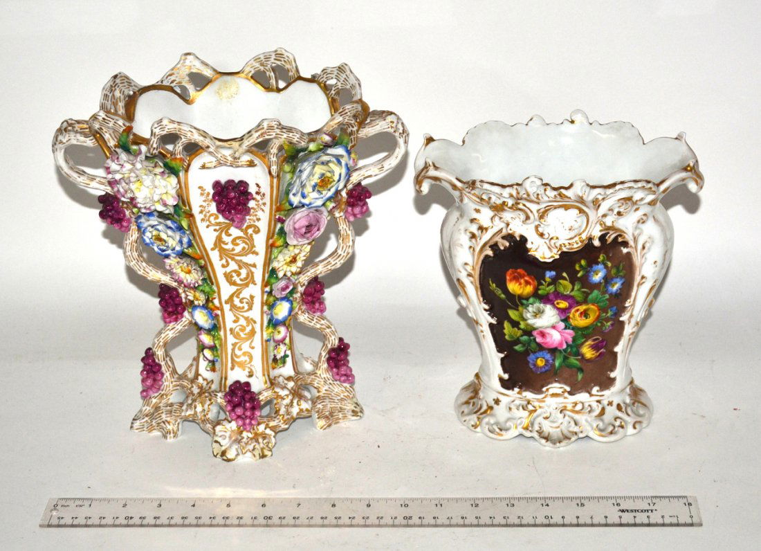 Jacob Petit Vase & Paris Vase: Floral carved Jacob Petit vase [11"H x 10 1/4"Dia.]. Together with a Paris porcelain vase [8 1/4"H x 8 1/4"Dia.]. Minor losses to both.