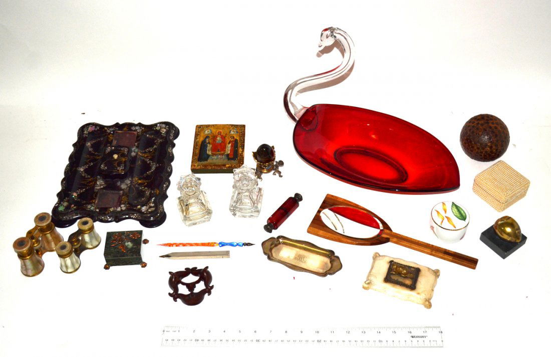 20 Assorted Antique and Vintage Decorative Articles: Comprises: Two pairs of Lemaire Paris mother-of-pearl opera glasses, a pair of cut crystal cruets, victorian bronze dog miniature mounted on carved marble pillow, a small green mineral box with Russia