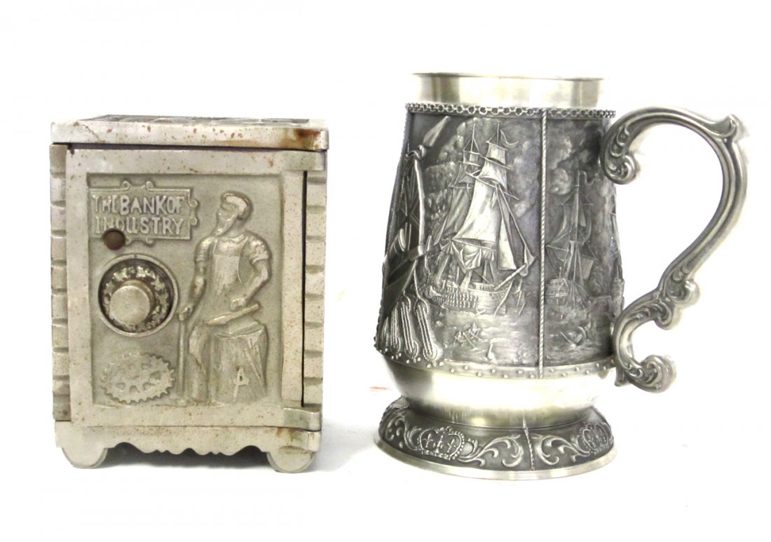 Maritime Tankard and Toy Safe: Pewter Tankard issued by "The Maritime Trust of Great Britain (The Franklin Mint)" Certificate of authenticity included, together with a toy safe by Kenton Brand.