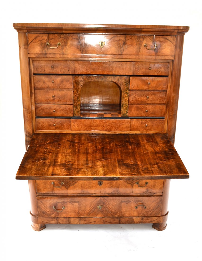 Biedermeier Abatant: French walnut secretaire - abatant with fitted interior. [46 1/2" L x 21" D x 62" H]
