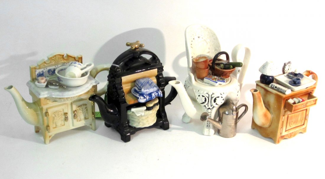 Four English Teapots: Wash stand, blanket press, chest and wicker chair form teapots