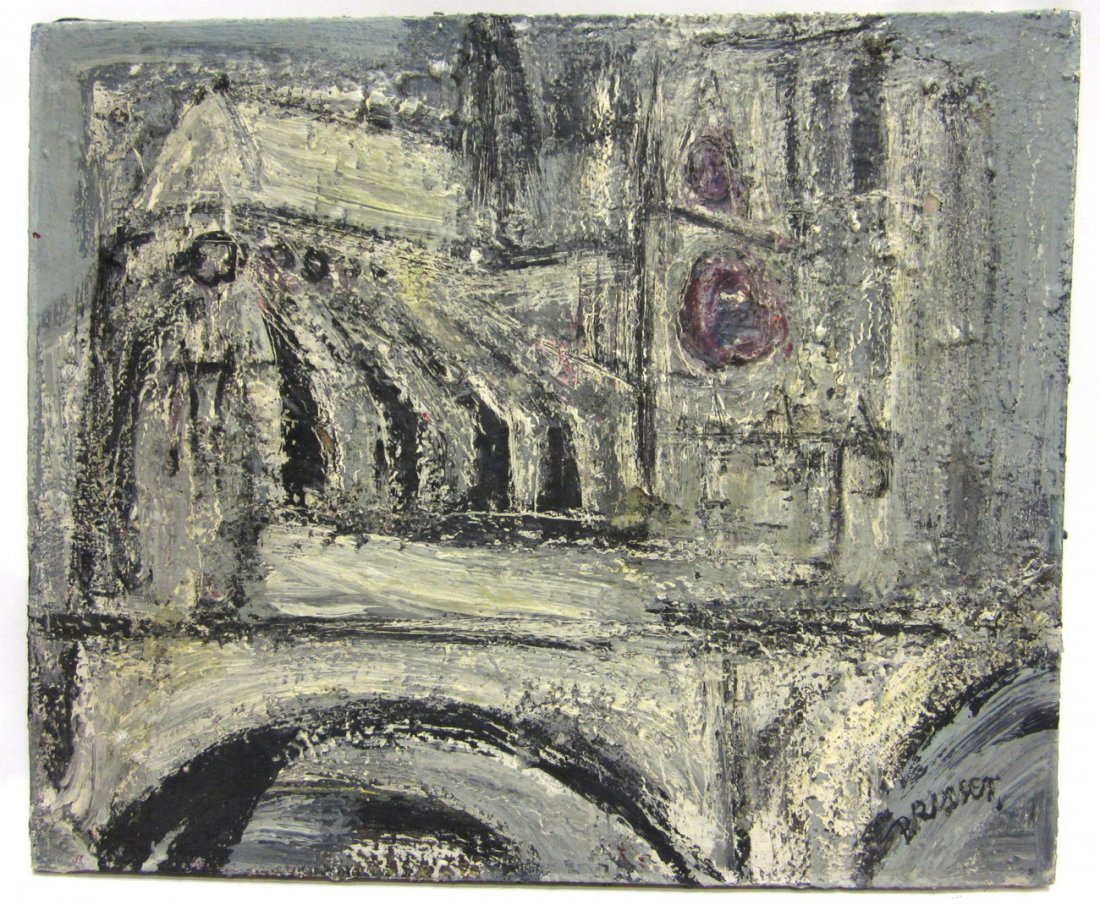 Jean Paul Brusset, Oil On Canvas - Abstract: Unframed Brutalist modern abstract depicting the Notre Dame Cathedral in Paris. Signed lower edge: "Brusset." Early to mid-20th C. inscribed by the artist on the canvas verso: "Notre Dame Paris Brusse