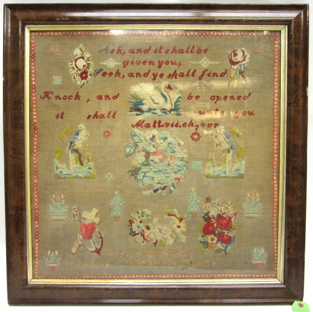 Antique 1886 Sampler By Ellen Ann Reys: Framed wool-on-linen sampler stitched: "Ask, and it shall be given you, seek, and ye shall find, knock, and it shall be opened unto you Matt. vii. ch 7. ver .../ "Ellen Ann Reys July 3rd 1886 aged 11