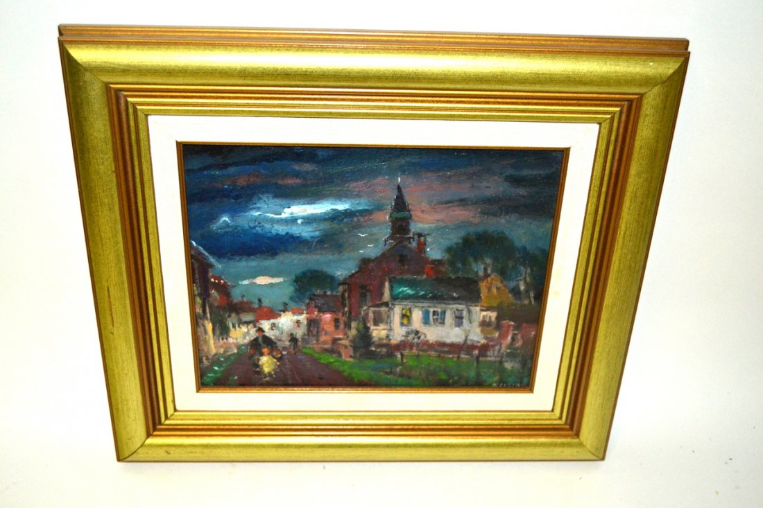 Antonio Cirino, Provincetown Street Scene: Oil on panel Impressionist style street scene at dusk with figures among various buildings. Signed bottom right 'A. Cirino'. [Art: 7 3/8" x 9 3/8"; Frame 13" x 15"]. In good condition.