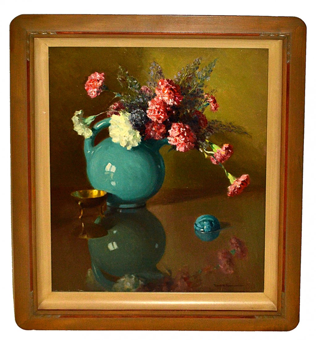 Robert Alexander Graham, Oil on Canvas- Still Life: Framed oil on canvas depicting flowers in a blue vase [Art: 20" x 24"; Frame: 26" x 30 1/4"]. Signed lower right.