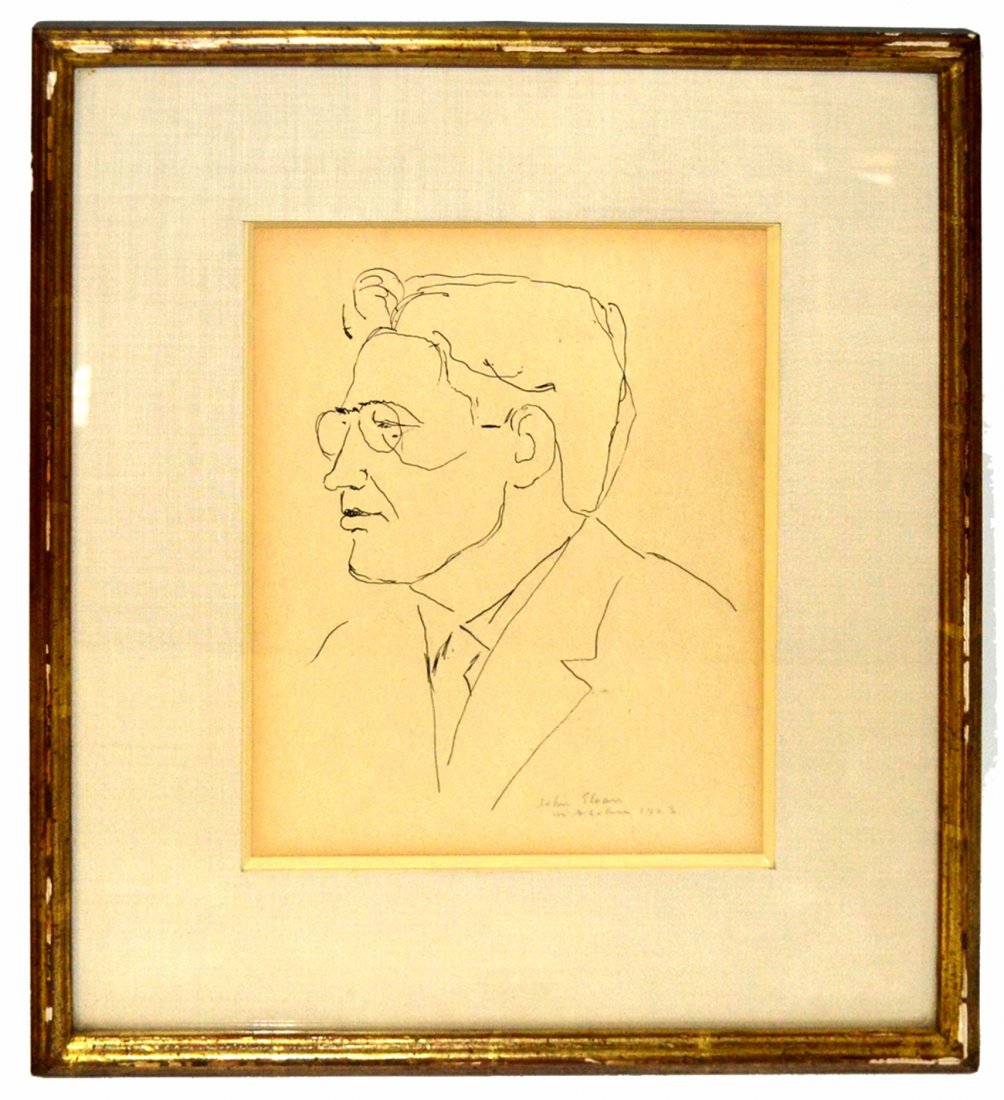 Max Cohen, Pen & Ink- Portrait of John Sloan: Pen and ink line drawing of John Sloan in a bust-length 1/2 profile pose. Inscribed and signed at bottom right "John Sloan/ M.A. Cohen 1923", in pencil. [Art: 9 3/4" x 7 3/4"; Frame: 16 3/8" x 14 1/4"