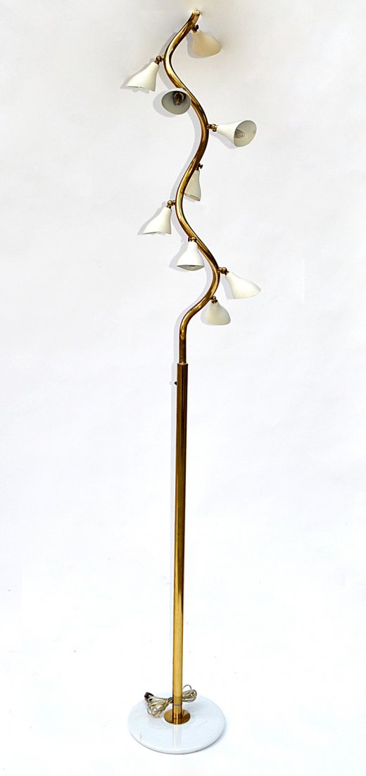 Gino Sarfatti Floor Lamp: Gino Sarfatti floor lamp, by Arteluce, Italy. Nine adjustable creme aluminum shades, brass column, white marble base. [Overall: 78.5"H x 12"Dia.]. Overall good condition.