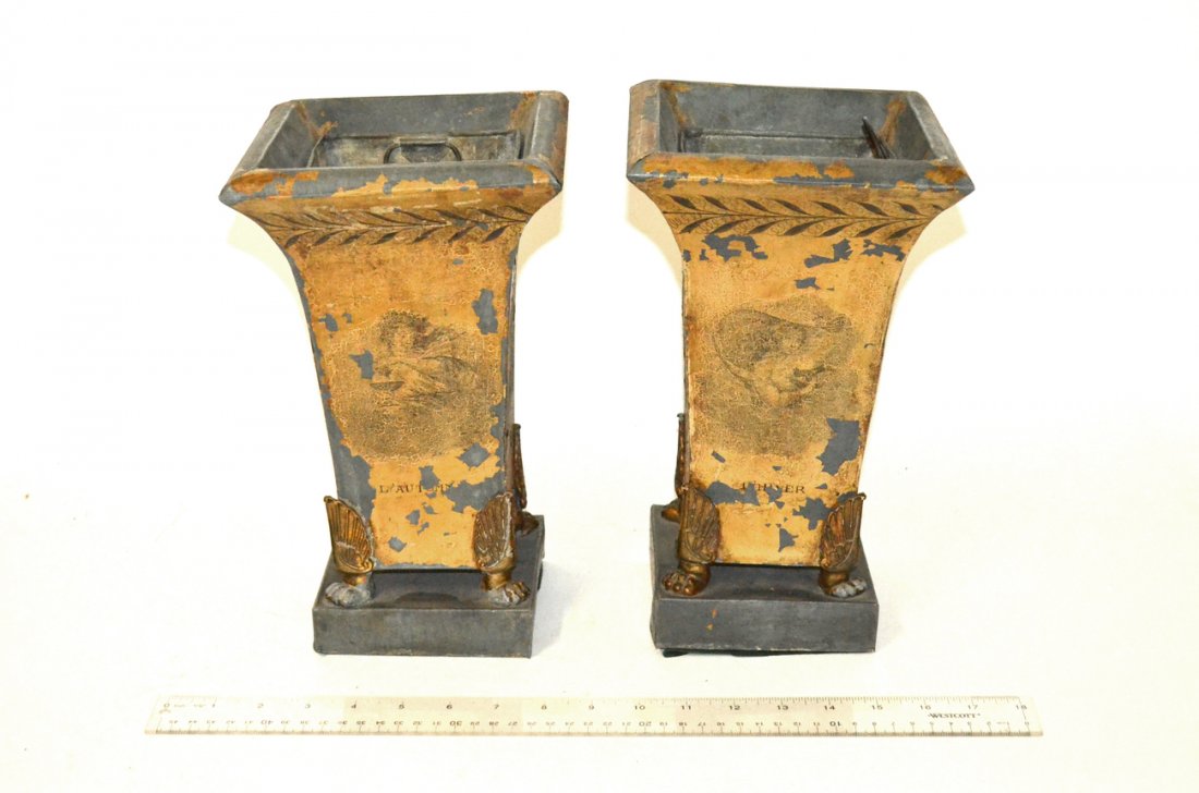 Pair of Tole Decorated Planters: Pair of tole decorated planters, numerous losses.