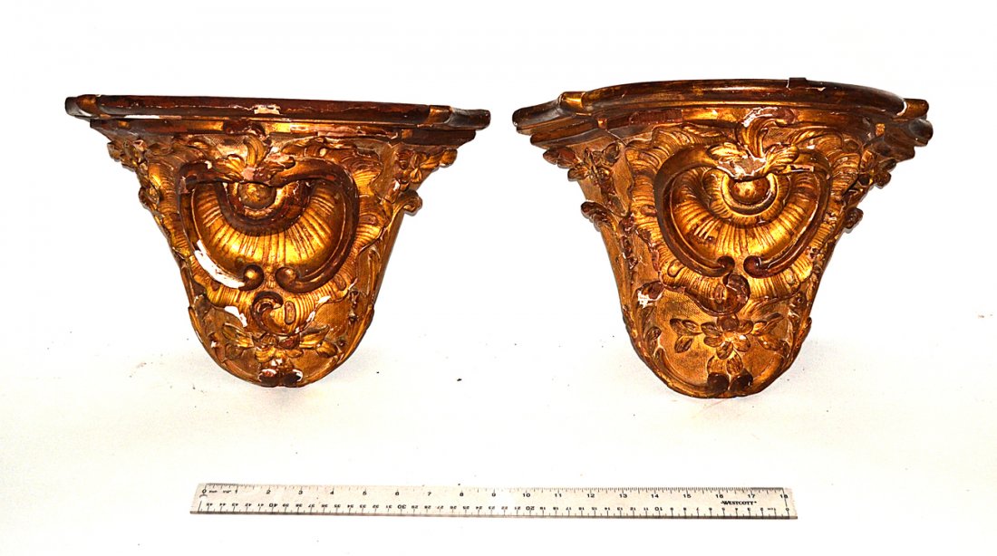 Pair of Gilt Wood Brackets: Pair of antique floral and shell carved brackets. [10" x 14" L]