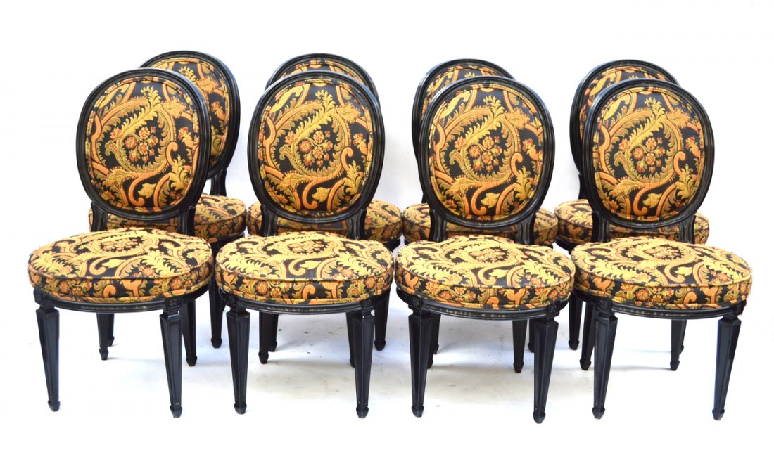 Eight French Style Chairs: 8 Louis XVI style black side chairs by Karges (reproductions).