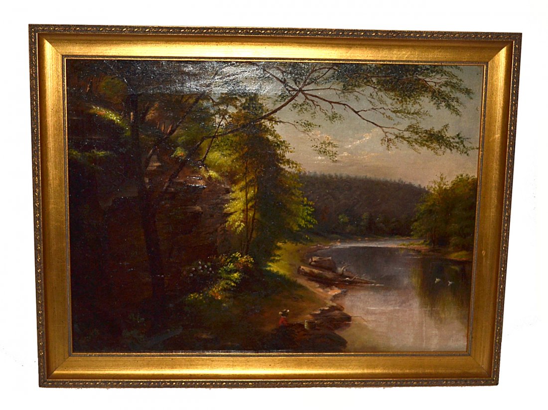 Oil on Canvas, Adirondack Landscape, Fisher Boy: Extensive mountain river view with a boy fishing in the river at the base of a ravine. Framed, signed in pencil, "Grace 10-22-49."