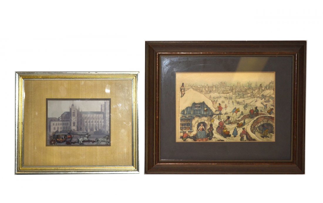 Two Shadow Box Scenes: One is "Grand Berlin Carriage," the other a winter scene with skaters. [11 3/4" x 14 1/4"]