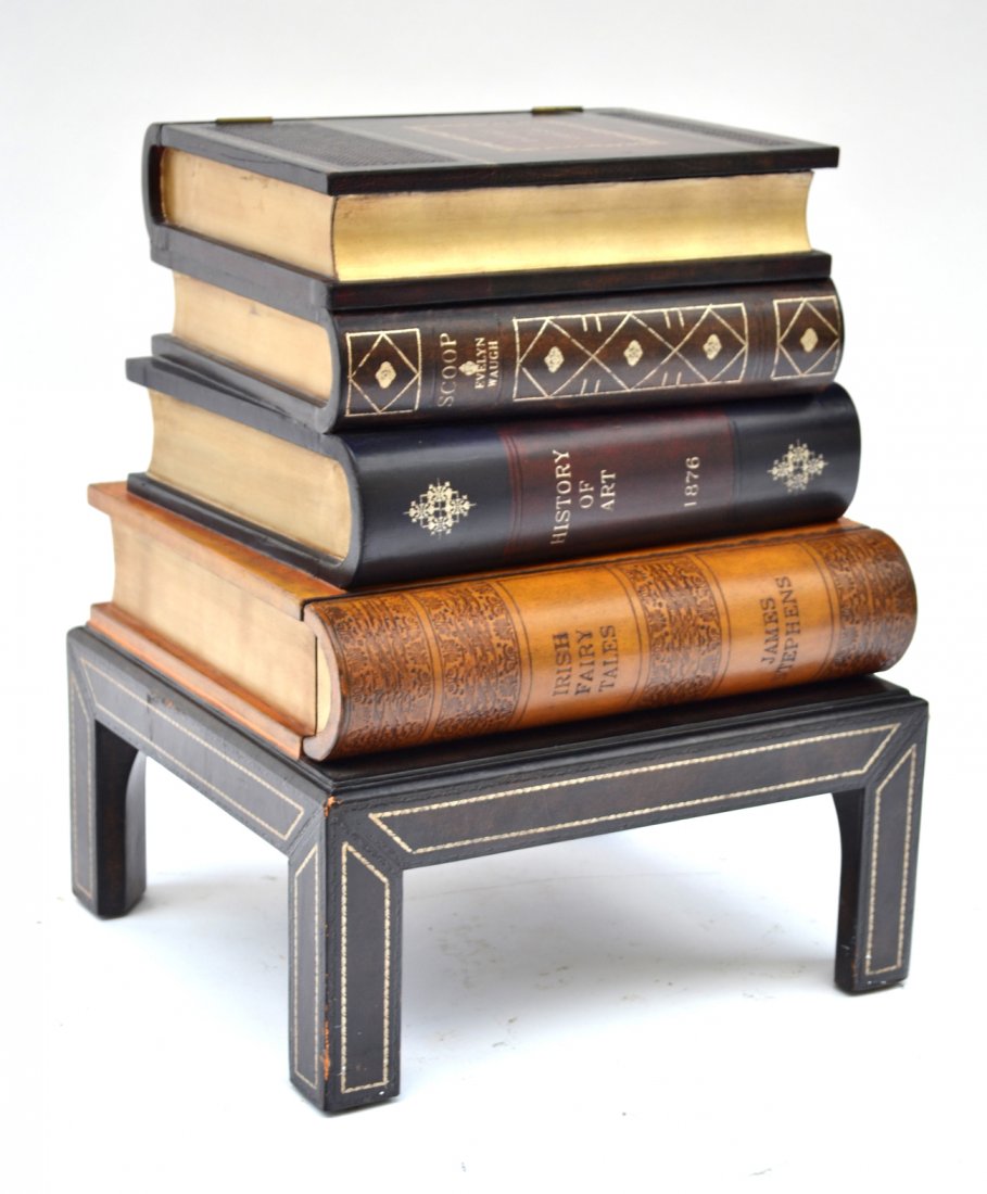 Three Faux Book Boxes: Four stack faux book box with a hinged lid together with two others with hinged lids, by Maitland Smith.