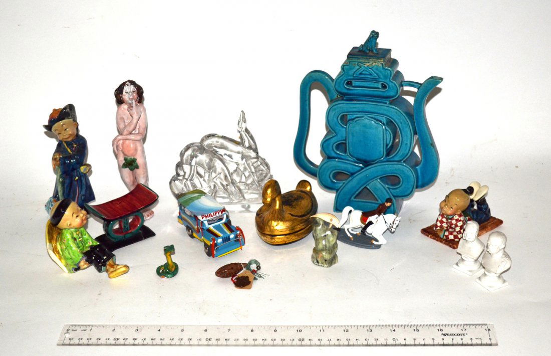 Group of 15 Decorations: Consists of two KPM busts, a turquoise ewer, Italian boots, a glass group of deer, and figures. 15 pc.