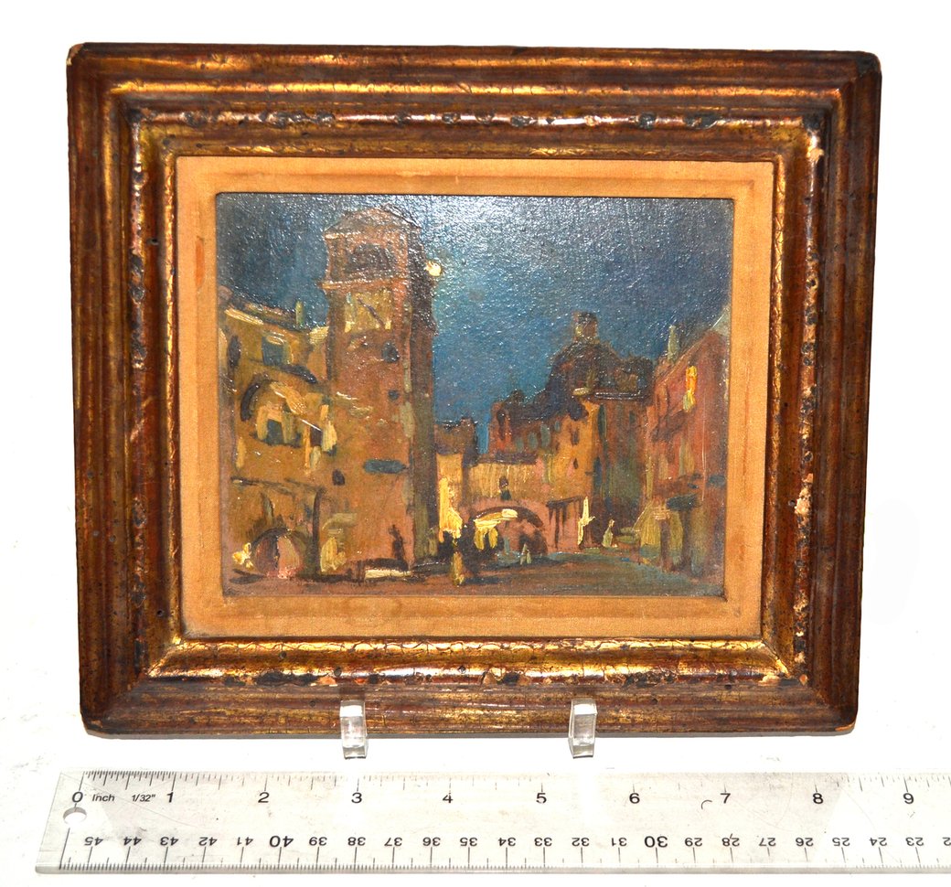 Elihu Vedder- Piazza by Moonlight: Elihu Vedder (1836-1923), “Piazza by Moonlight, Capri”, signed on verso with monogram. The clock tower in the painting appears to be the clock tower in the Piazza Umberto I on Capri. Vedder spent 