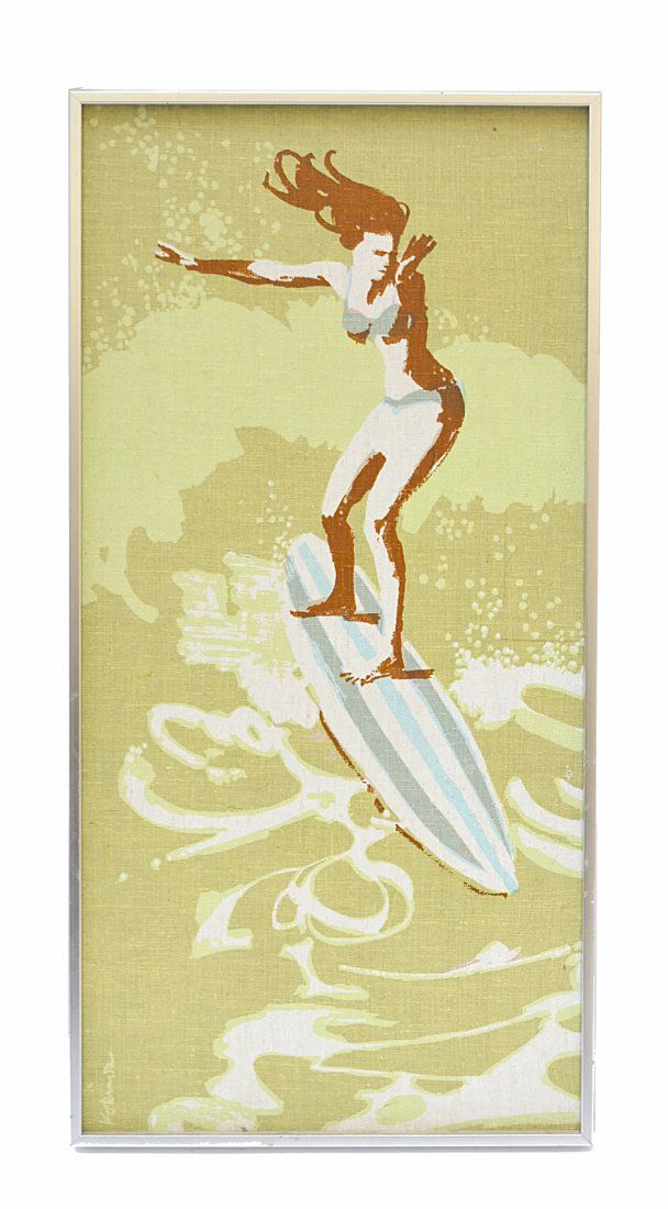 Serigraph of a Surfer: Pop art framed female surfer. Tom Tru Corporation, Lambertville N.J. 706/CH
