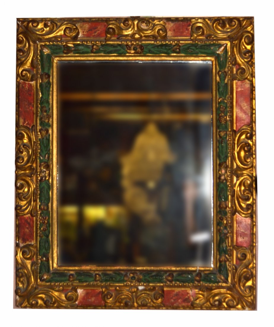 Ornate Painted Mirror: Ornate painted and decorated mirror. In good condition. [32" x 38 1/2"]