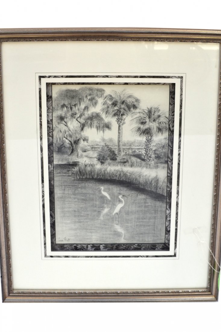 Framed Sketch Tropical Scene with Cranes: Framed and matted under glass, signed lower left illegibly. Depicting cranes in a creek with jungle in background. Art: [18 1/2" H x 12" W]; Frame: [31" H x 24 1/4" W]