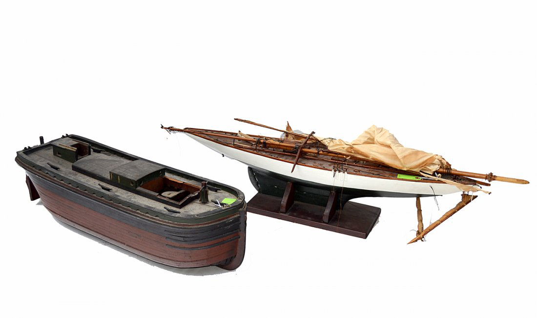 Two Vintage Wood Ship Models: Each as is, including the sailboat with significant rig damage. [34" L and 40" L].
