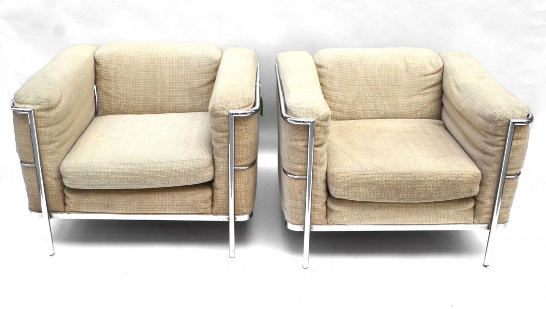 Pr. Jack Cartwright Chrome & Uph. Club Chairs: Pair of Jack Cartwright chrome and upholstered club chairs. [34 1/2" W x 31" D x 24" H]