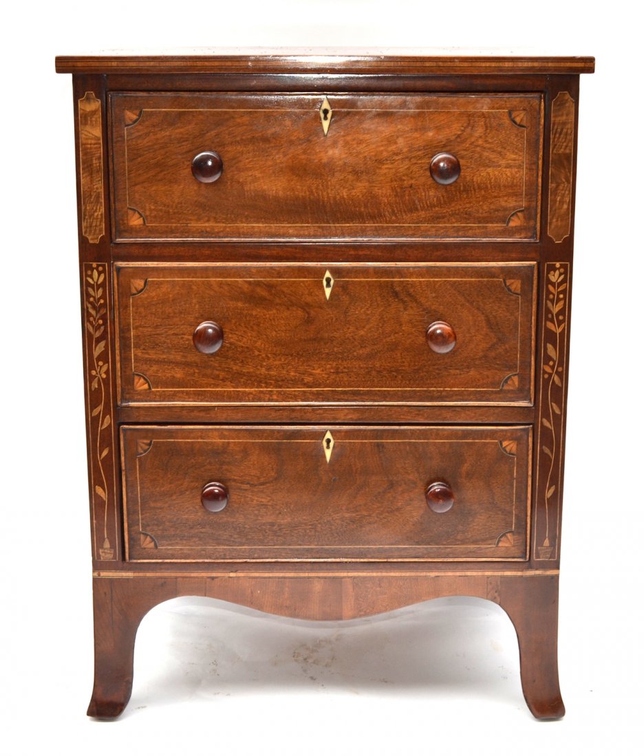 Antique Inlaid Low Chest: Having three drawers and ivory escutcheons. 22 1/2" W x 17 1/2" D x 30 1/2" H.