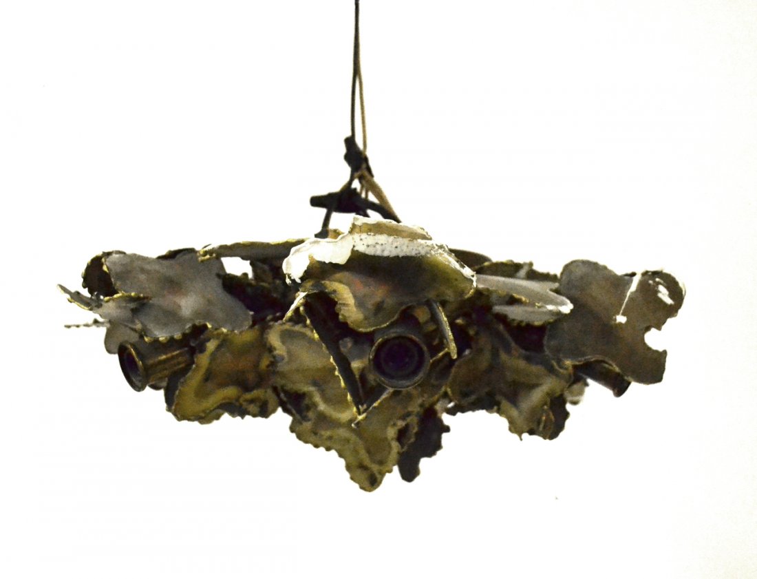 Modern Copper Fixture: Copper decorated, leaf form, modern style, six light fixture. In good condition. [19" Dia]