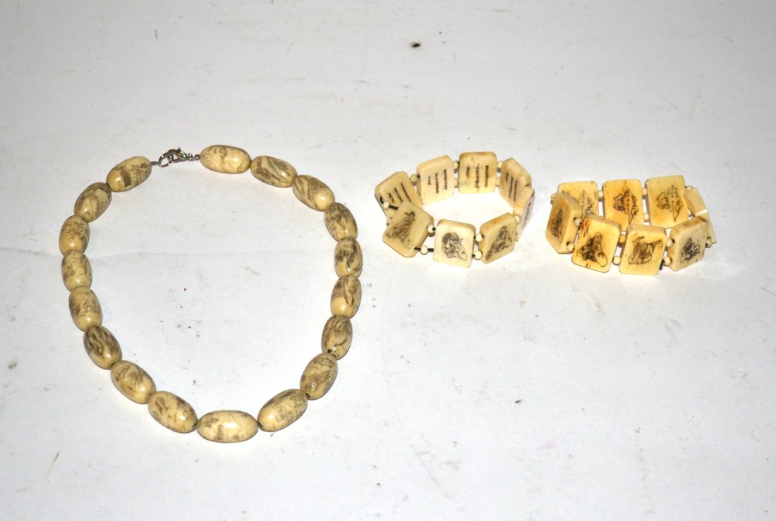 Antique Carved Jewelry: Two bracelets with seated figures. Accompanied by a beaded necklace with landscape and Chinese life.