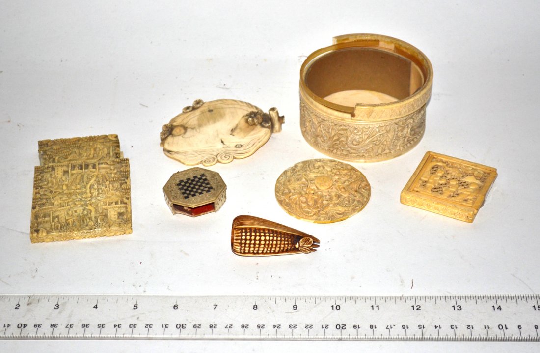 Antique Group Lot, 7 Pieces: Box [cover as is], corn husk and bee checker board box [as is], reticulated box with family scene carved card case [as is], a cover and a base.