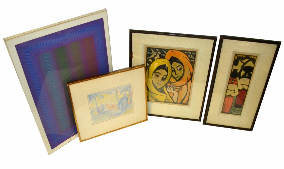 Group of Four Framed Works on Paper: Comprises: (1) Richard Anuszkiewicz abstract geometric screen print. Signed in bottom margin "VIII Anuszkiewicz 159/200 1972". Image [25 7/8" x 18 7/8"] on larger sheet. (2) Henri-Edmond Cross, impres