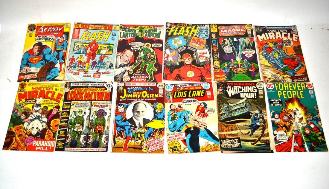 1960's & 1970's DC Comic Books (64): Characters include: The Flash [3], New Gods [10], Forever People [8], Green Lantern [2], "...Of the Unknown" [2], Mister Miracle [3], Superman [15], Supergirl [7], Superboy [2], Jimmy Olsen [8], Lois 