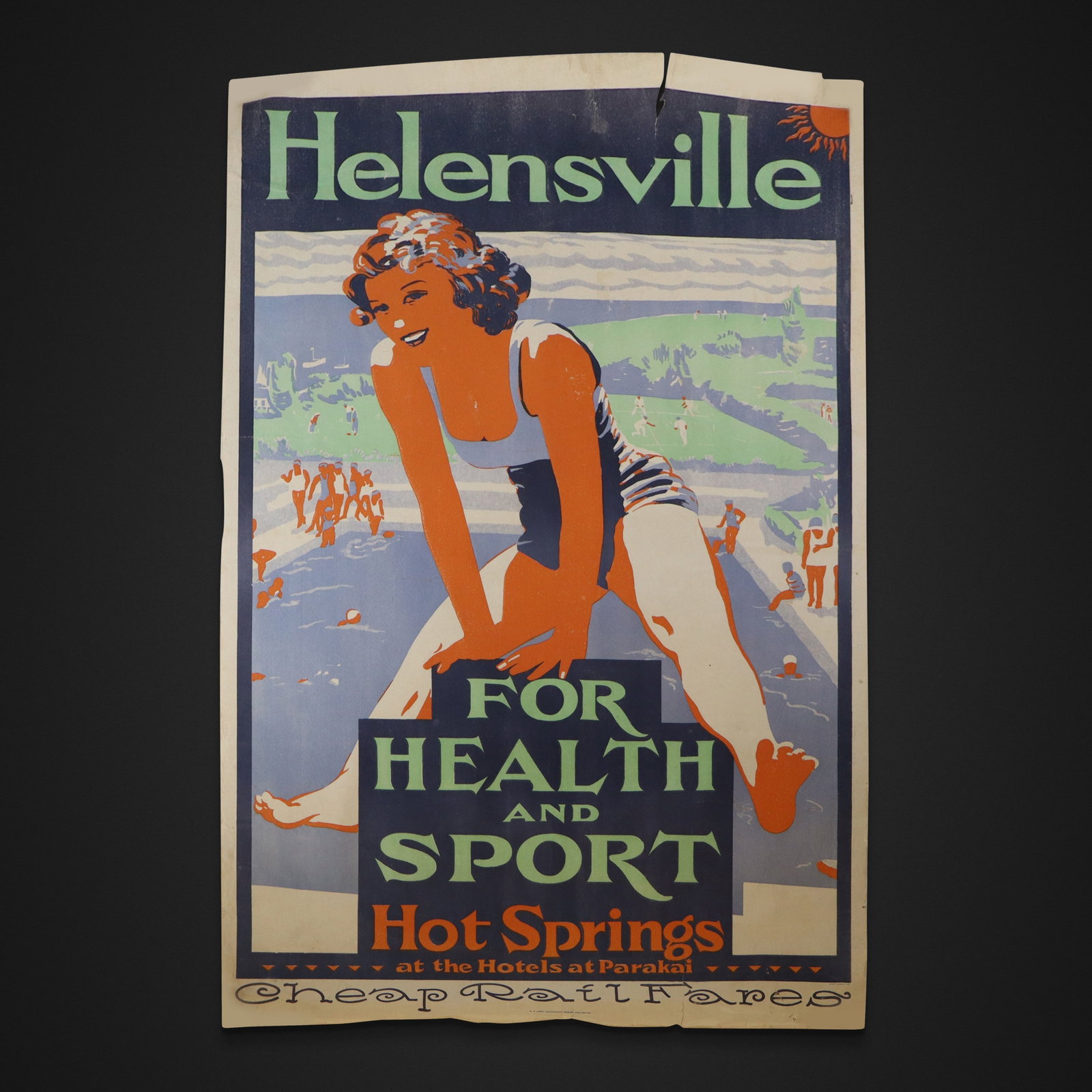 Helensville Hot Springs, 1935 Lithograph Poster: Lithograph poster for the Helensville Hot Springs, Australia, 1935, published by G.H. Loney Government Printer, Wellington, with date mark to lower right below image, on linen backing. [35" H x 22"