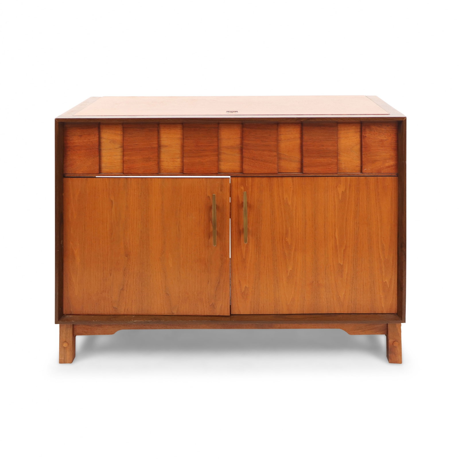 Mid-Century Modern Radio Cabinet: Mid-Century Modern radio cabinet, circa mid-20th century, with compartments including turntable compartment to interior, on legs with cross-stretchers. [30" H x 38" W x 17.5" D]. Condition is good wit