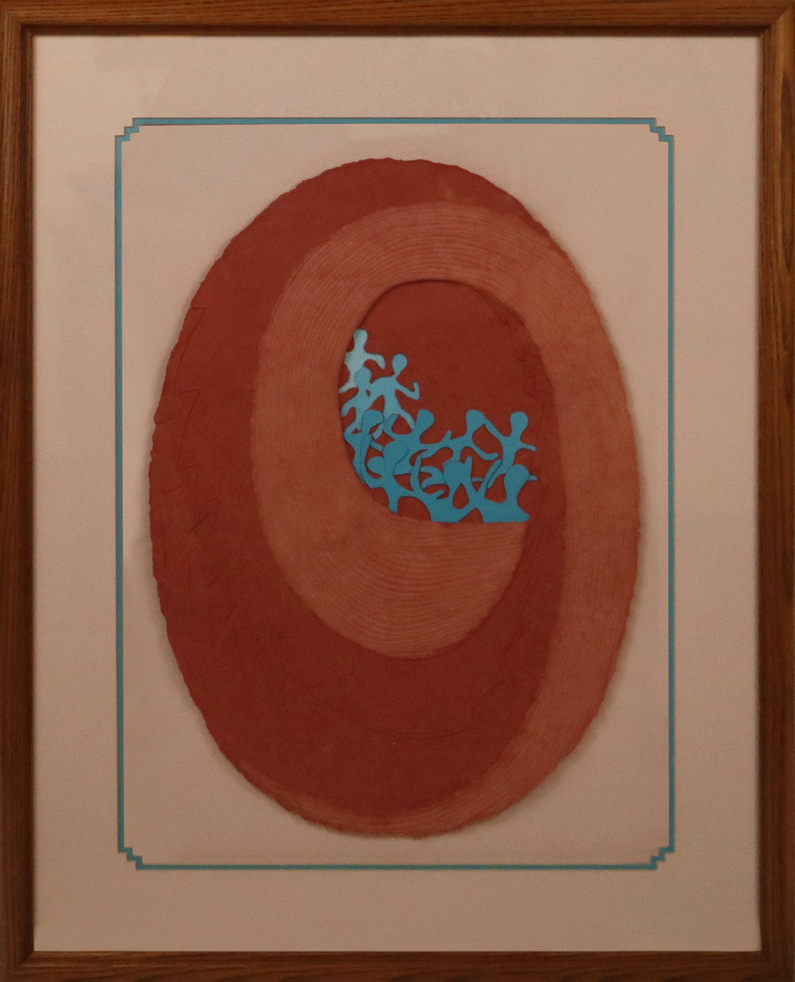 Nancy J. YOUNG Abstract Hand-Dyed Paper Collage: Nancy J. Young (American, born 1939) untitled abstract composition of hand-dyed paper collage with figures, signed to lower of collage, in a frame. [Framed: 29" H x 22.75" W]. Condition is good.