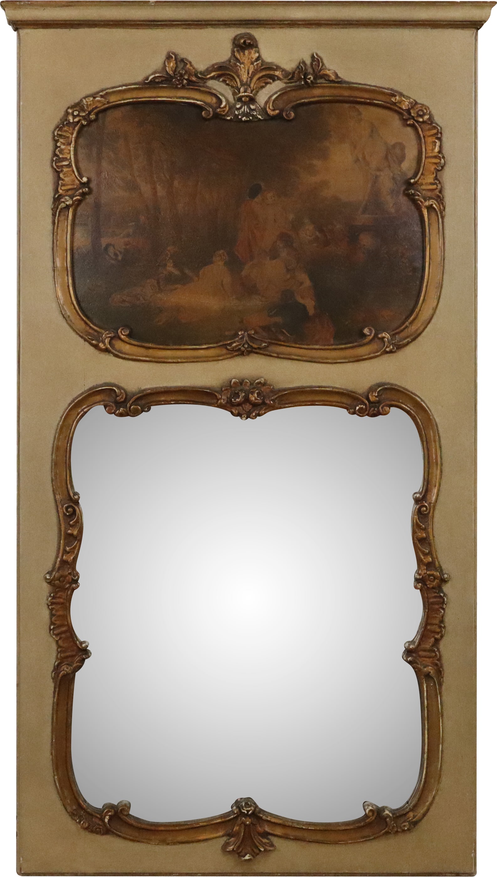 Louis XV Trumeau Mirror: Louis XV style trumeau mirror, 20th century, with a figural oil panel to upper. and gilt details. [49" H x 27.25" W]. Condition is good with heavy craquelure to painting at upper, and some surface los