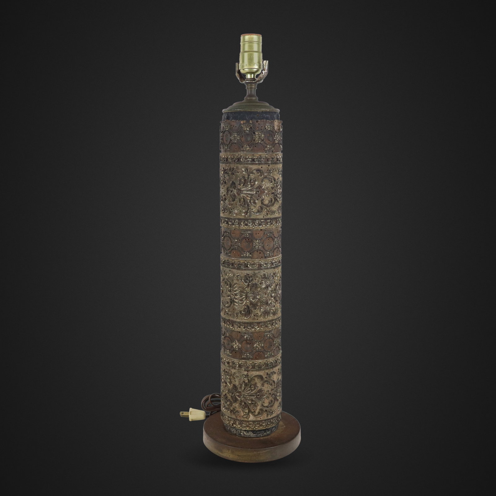 Wallpaper Roller as a Lamp: Wallpaper roller, France, 19th century, later mounted as a lamp with a metal base. [25" H x 6" Diameter]. Condition is good with some rust to metal base and some minor wear and losses to wallpaper