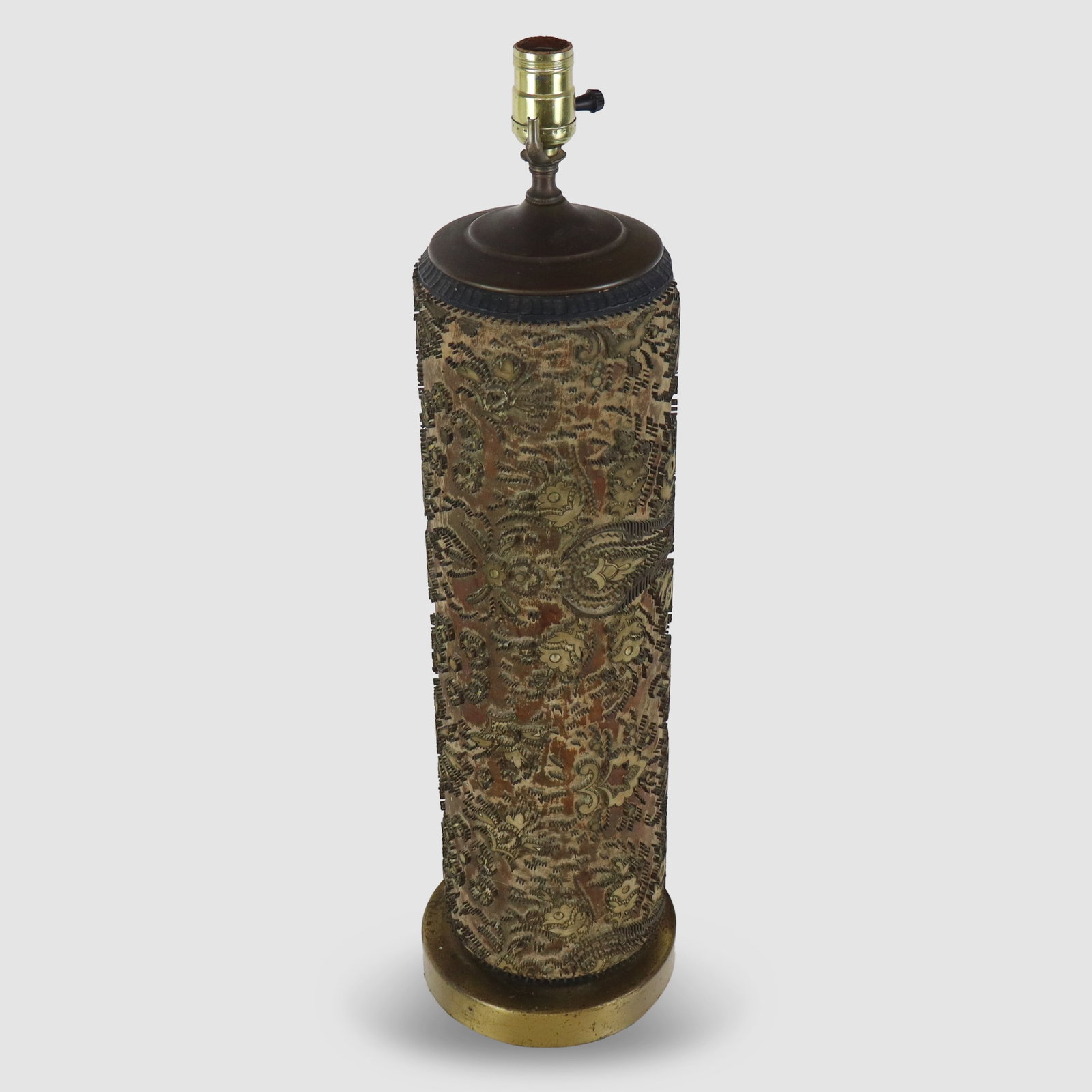 Wallpaper Roller as a Lamp: Wallpaper roller, France, 19th century, later mounted as a lamp with a metal base. [26" H x 7.5" Diameter]. Condition is good with some rust to metal base and some minor wear and losses to wallpaper