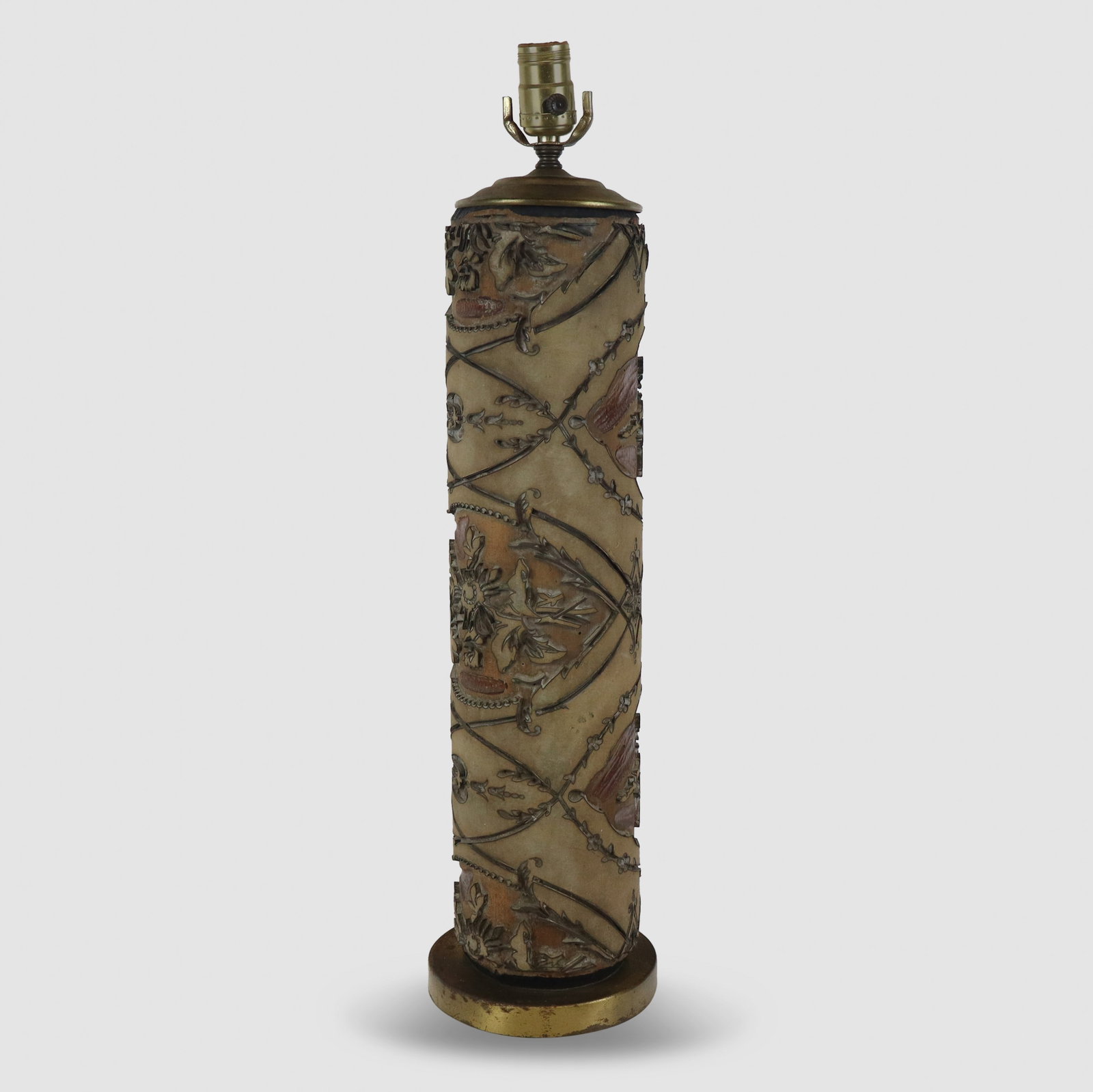 Wallpaper Roller as a Lamp: Wallpaper roller, France, 19th century, later mounted as a lamp with a metal base. [25" H x 6.5" Diameter]. Condition is good with some rust to metal base and some minor wear and losses to wallpaper