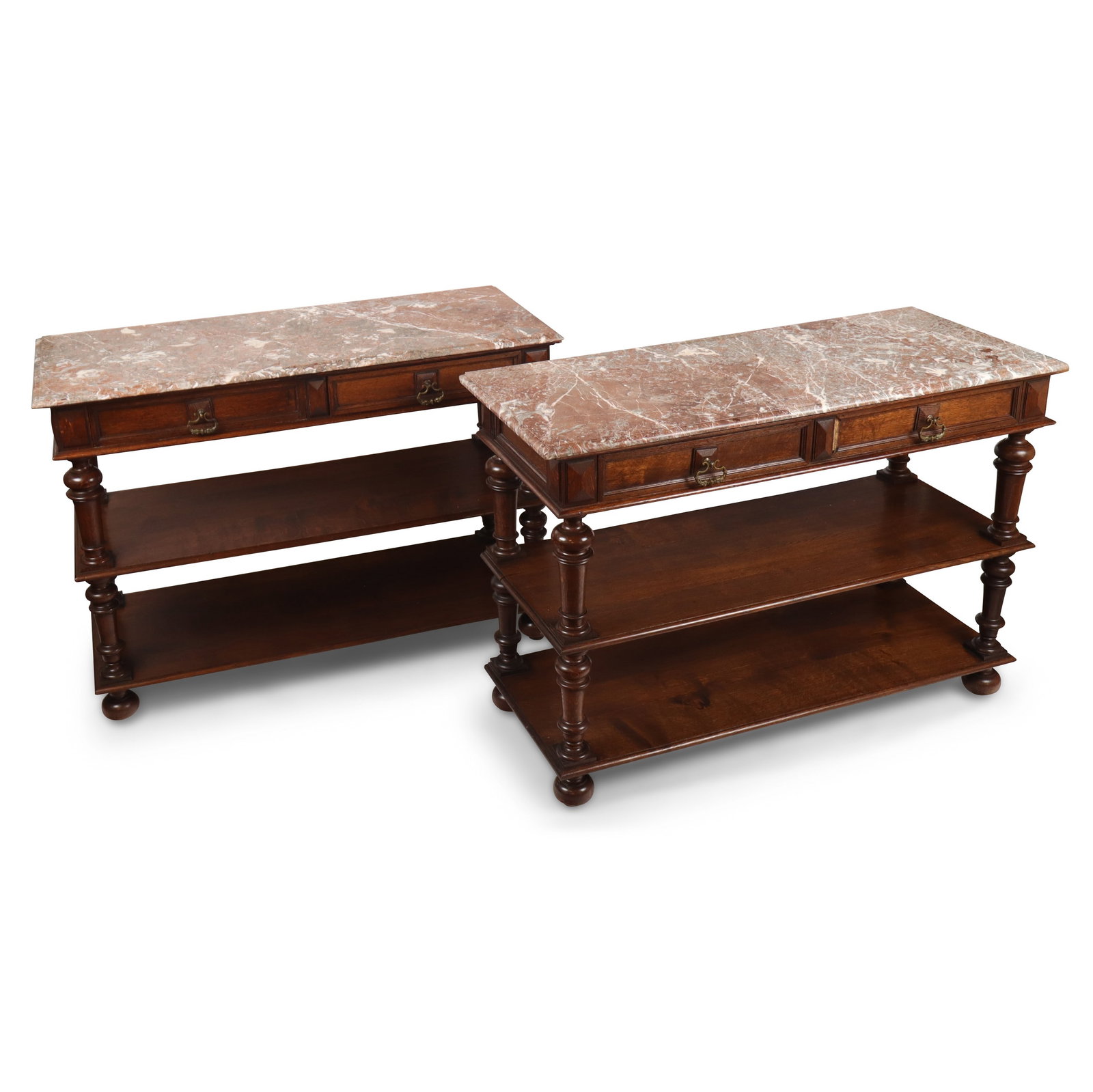 Pair of William and Mary Style Marble Top Servers: Pair of William and Mary style marble top servers, 21st century, with two drawers and two tiers to lower. [36" H x 52" W x 22" D]. Condition is good, with a crack to wood at upper tier of one, and a