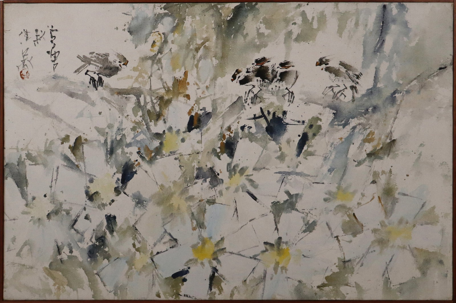John CHI Floral Oil on Canvas: John Chi (Chinese/America, born 1937), untitled floral oil on canvas, inscribed in Chinese to lower, and with markings including John Chi to stretcher verso, in a frame. [Framed: 24" H x 36" W]. Condi