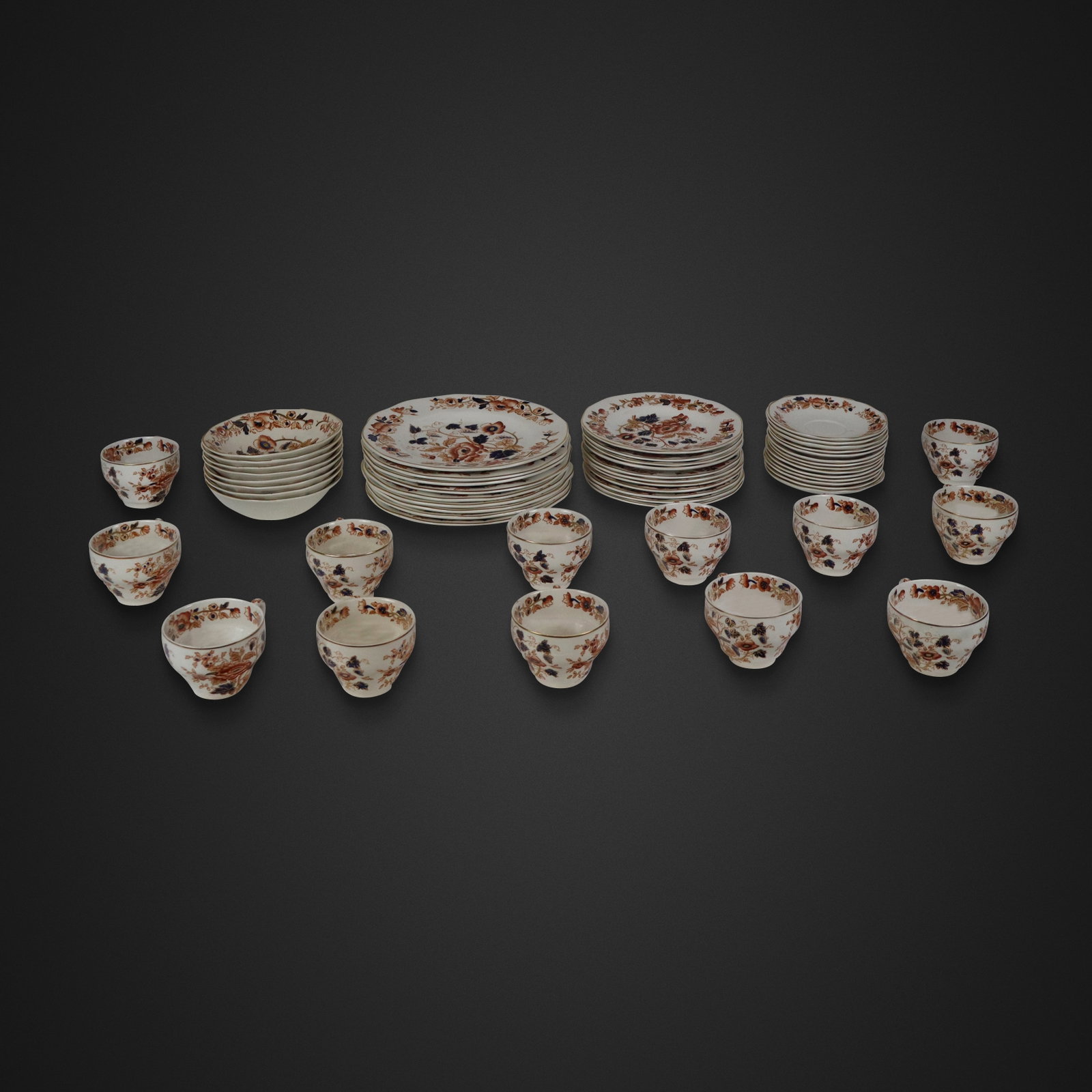 Enoch Wedgwood Tunestall Ltd. Porcelain Dinner Ser: Enoch Wedgwood Tunestall Ltd. porcelain dinner service, comprising nine dinner plates [10" Diameter], 8 ceral bowls [6.5" Diameter], eleven salad plates [7.75" Diameter], and thirteen tea cups with fo