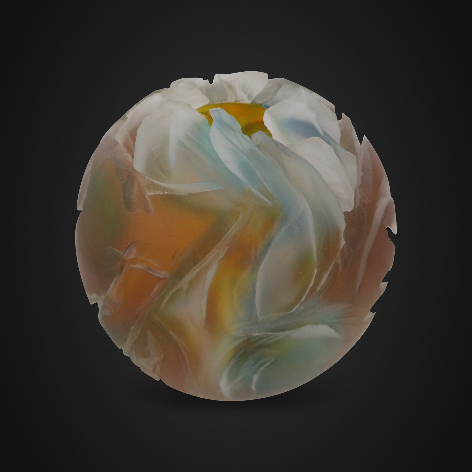 Lois Scott Art Glass Vase: Lois Scott (Canadian) sculpted and acid etched satin glass iridescent spherical form vase, signed near base. [6" H x 6" Diameter]. Overall condition is good.