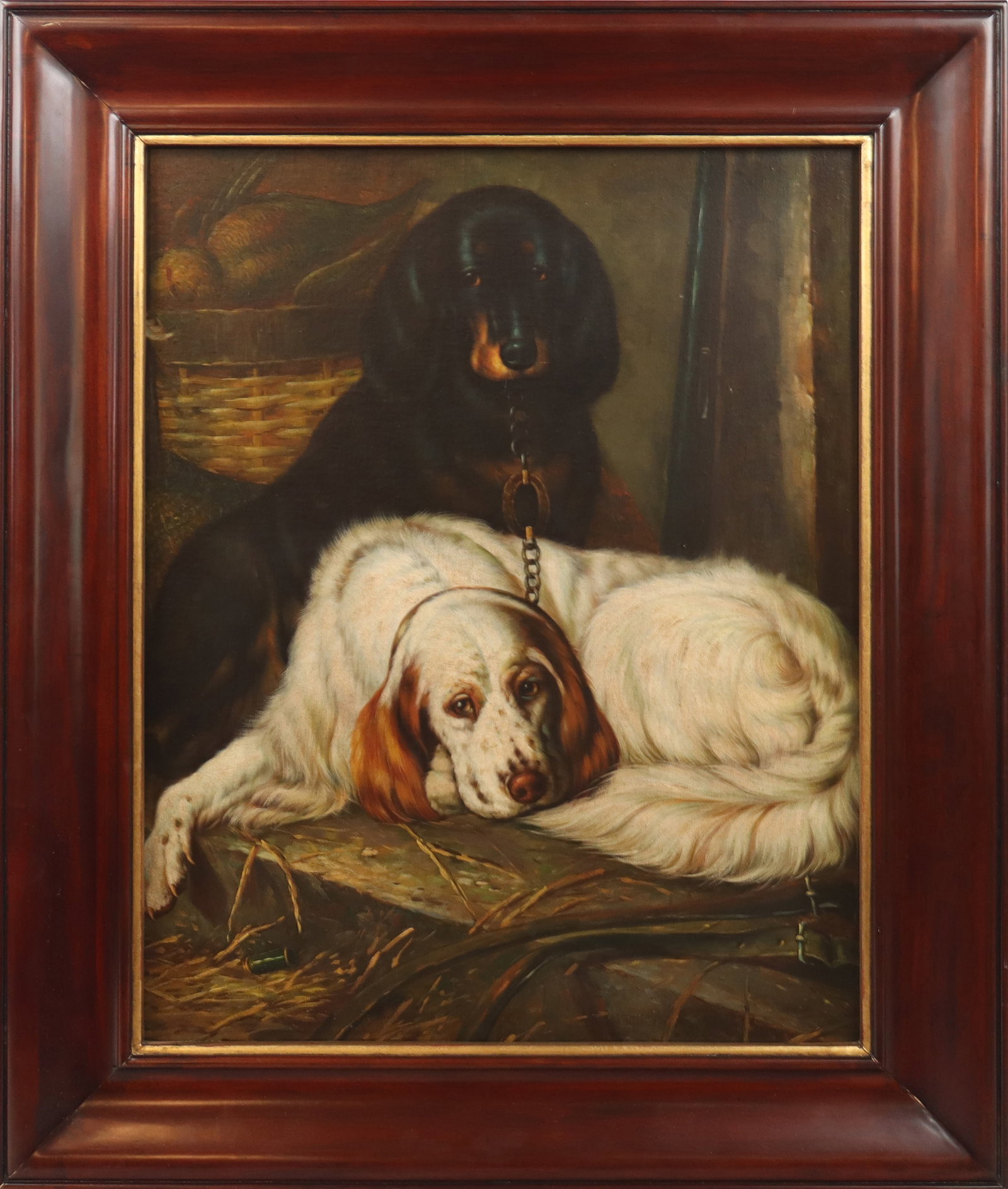 Print on Canvas of Two Dogs: Pring on canvas, 21st century, of two dogs, in a Maitland Smith frame. [38" H x 31.5" W]. Condition is good.